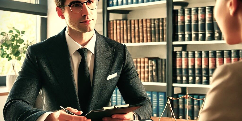 Abogado de defensa penal en Zaragoza, en una oficina moderna, asesorando a un cliente sobre un caso legal