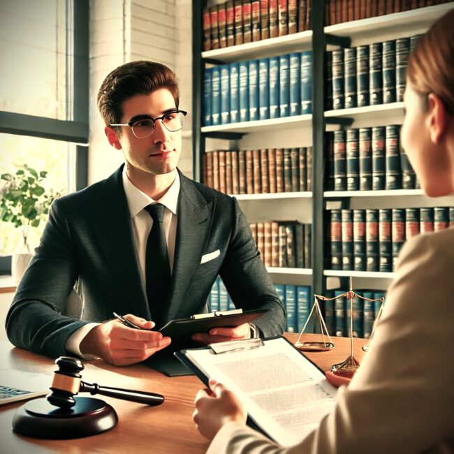 Abogado de defensa penal en Zaragoza, en una oficina moderna, asesorando a un cliente sobre un caso legal