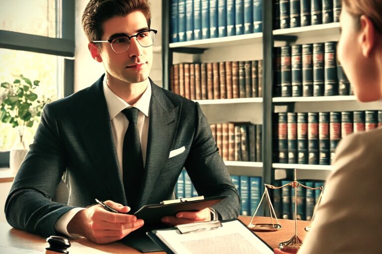 Abogado de defensa penal en Zaragoza, en una oficina moderna, asesorando a un cliente sobre un caso legal