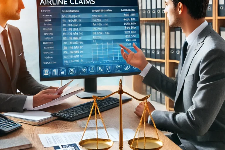 Abogado profesional asistiendo a un cliente con documentos de reclamaciones a compañías aéreas