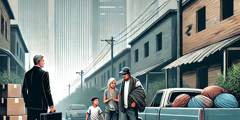 Ilustración de un desahucio en Zaragoza, donde una familia es asistida por un abogado durante el proceso de desalojo. La imagen refleja la importancia del apoyo legal en situaciones de desahucio