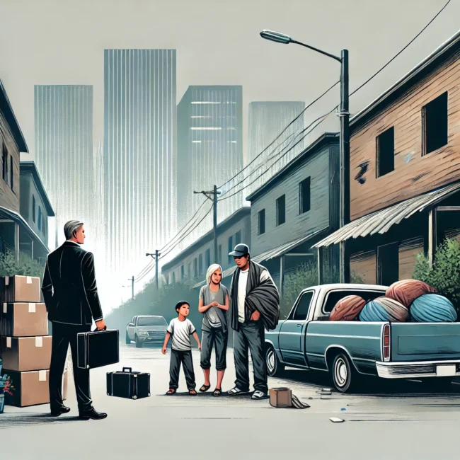 Ilustración de un desahucio en Zaragoza, donde una familia es asistida por un abogado durante el proceso de desalojo. La imagen refleja la importancia del apoyo legal en situaciones de desahucio