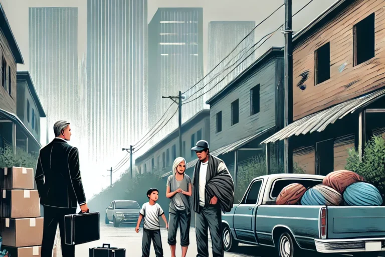 Ilustración de un desahucio en Zaragoza, donde una familia es asistida por un abogado durante el proceso de desalojo. La imagen refleja la importancia del apoyo legal en situaciones de desahucio