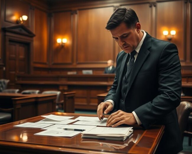 Abogado penalista en Zaragoza defendiendo a su cliente en sala de juicio penal